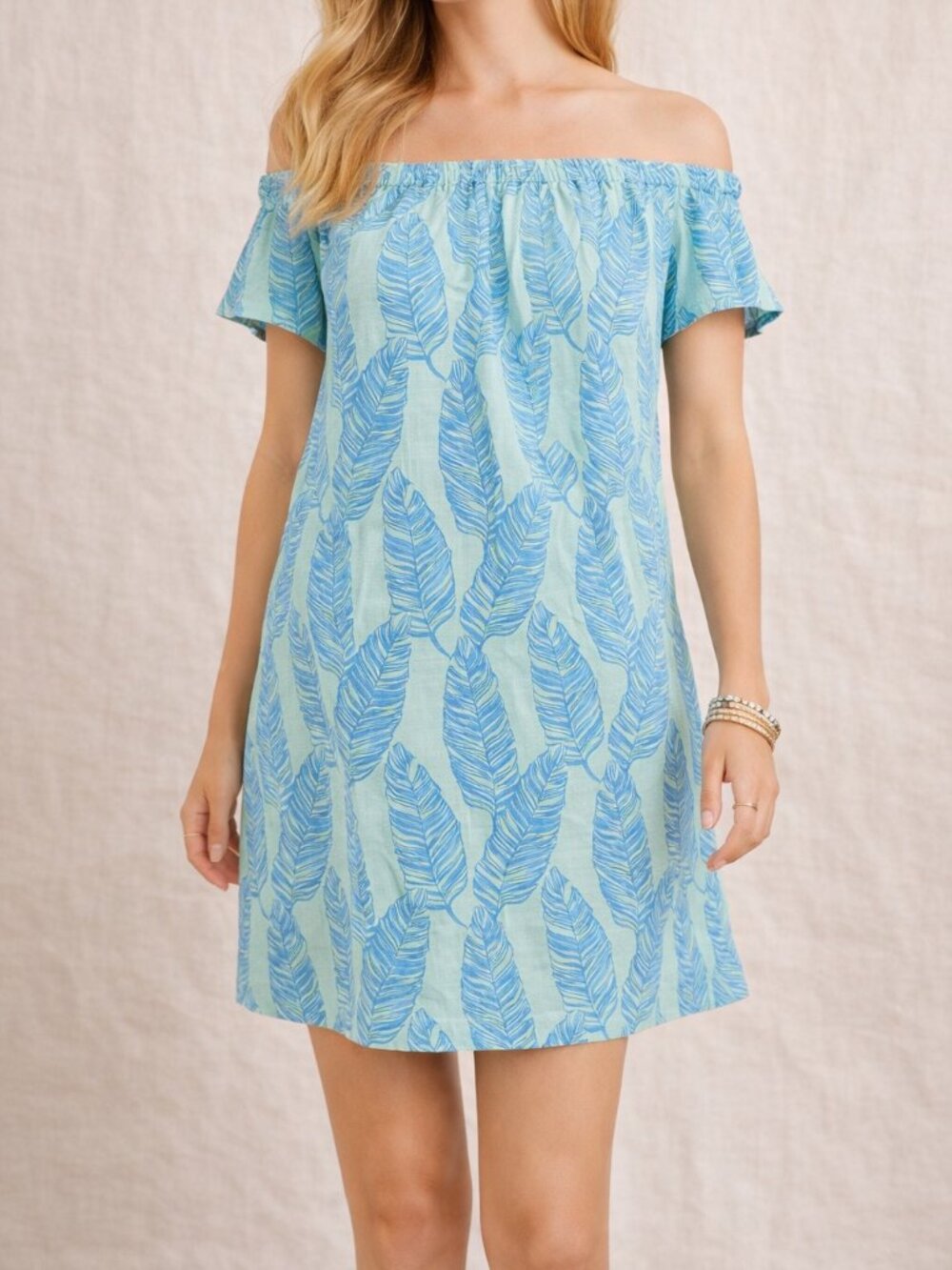 Vineyard Vines Palm Print Off Shoulder Linen Dress Blue Green M Resort